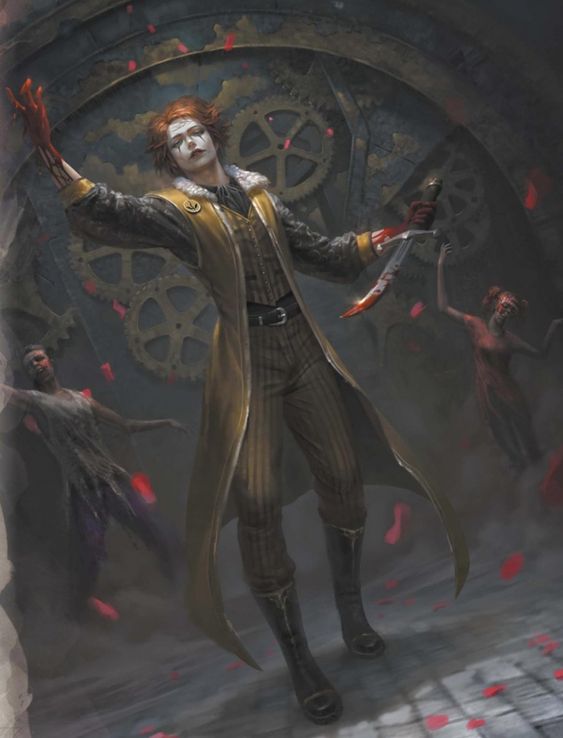 a man with white face paint, red hair, and a yellow and brown pinstripe suit stands in a shadowy, mechanical room. he holds a bloody knife in his left hand and gestures dramatically with his other hand, which is also covered in blood. behind him, two zombified figures dance amidst a shower of red rose petals. the scene is lit with dramatic, low lighting that casts long shadows across the room.  the environment appears to be an indoor dungeon with visible gears and machinery, hinting at a steampunk aesthetic.  the overall mood is dark, theatrical, and macabre.