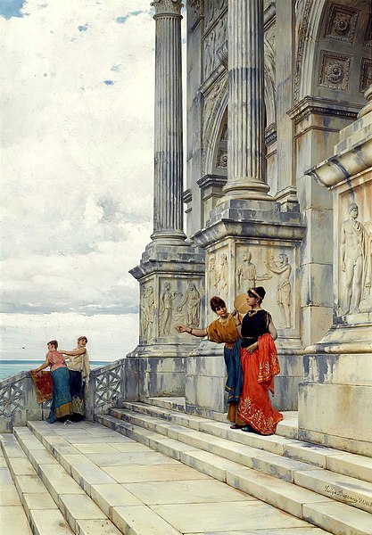 a painting depicts a scene with roman architecture, featuring tall columns and classical detailing, with figures of women dressed in roman attire standing on the steps of a grand building overlooking the sea. the sky is overcast and the overall atmosphere is one of historical grandeur and calm observation. the painting is signed by luigo bucceroni.