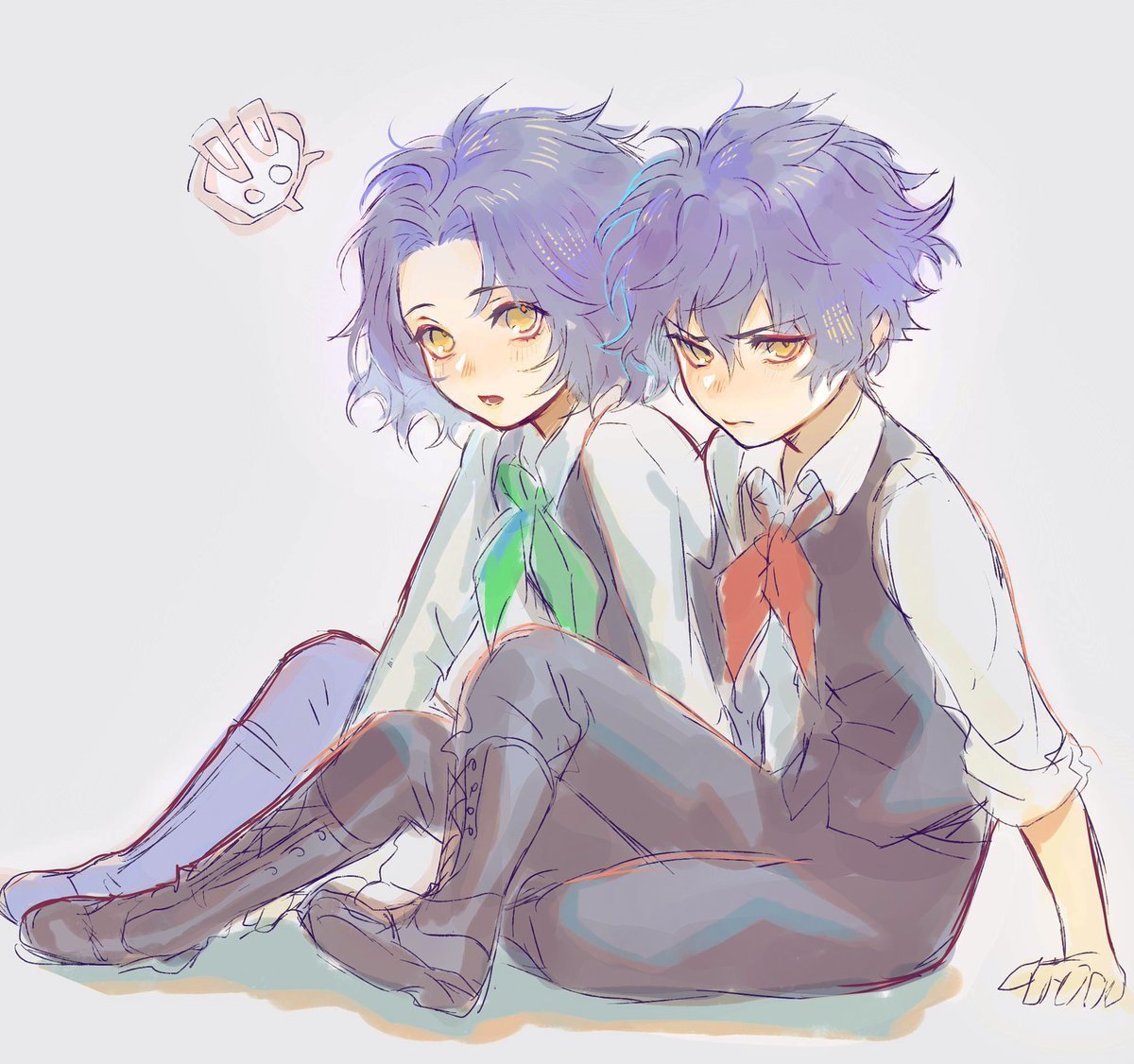 two anime characters, a boy and a girl, are sitting with their legs crossed. the boy is on the right side of the image and the girl is on the left. both have purple hair and yellow eyes. the girl is wearing a white shirt with a green tie and a vest while the boy is wearing a white shirt with a red tie and a vest. they are looking at each other with sweet expressions. the background is a simple, light blue.