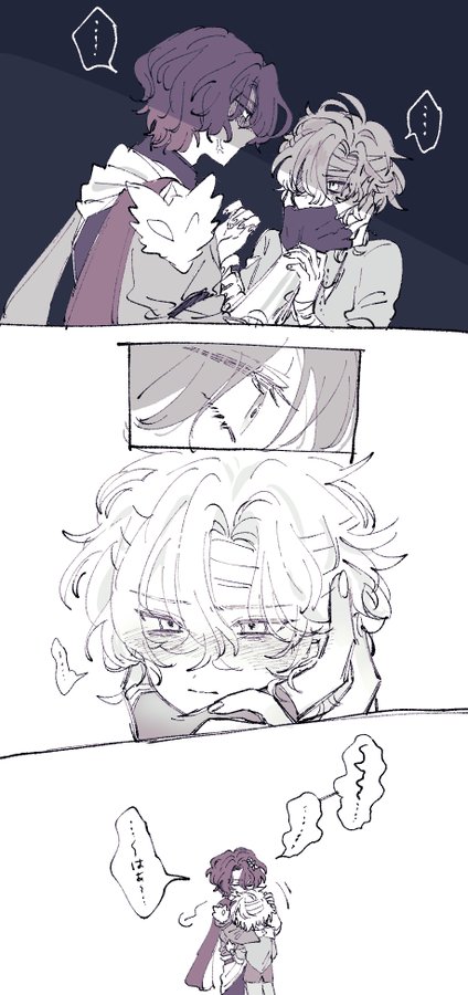 he image is a collection of mangastyle illustrations depicting a series of scenes involving young male characters.  the art style is soft and somewhat sketchy, with muted colors predominantly in purples and greys.the first panel shows two boys, one with purple hair and a capelike garment, interacting with another boy with lighter hair who appears to be injured and is wearing a mask or covering. they seem to be in a tender moment, perhaps offering comfort or support.the second panel shows a closeup of a boy with white, messy hair, wearing a bandage, appearing distressed or in pain.  his expression is a mixture of vulnerability and possible affection.the third panel shows what seems to be a continuation of the story, with two boys embracing and reassuring each other.the entire image suggests a narrative, possibly focusing on themes of friendship, comfort, and perhaps a past injury or trauma. the art style is delicate and emotive, contributing to the story's overall atmosphere.