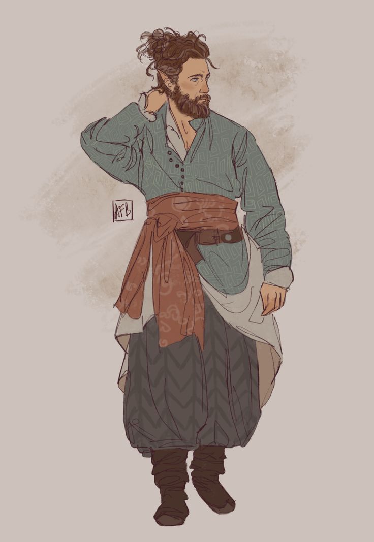 a fullbody illustration of a male elf character. he has a brown beard and his hair is pulled back into a messy bun. he wears a teal longsleeved tunic, a white underlayer, a red patterned sash with a brown belt, baggy greygreen pants, and brown boots. he is standing with his right hand raised to his neck and his gaze is directed slightly to the right. the background is a beigebrown color with a textured, brushstroke effect. the style of the image is reminiscent of a digital drawing with visible line work and soft shading.