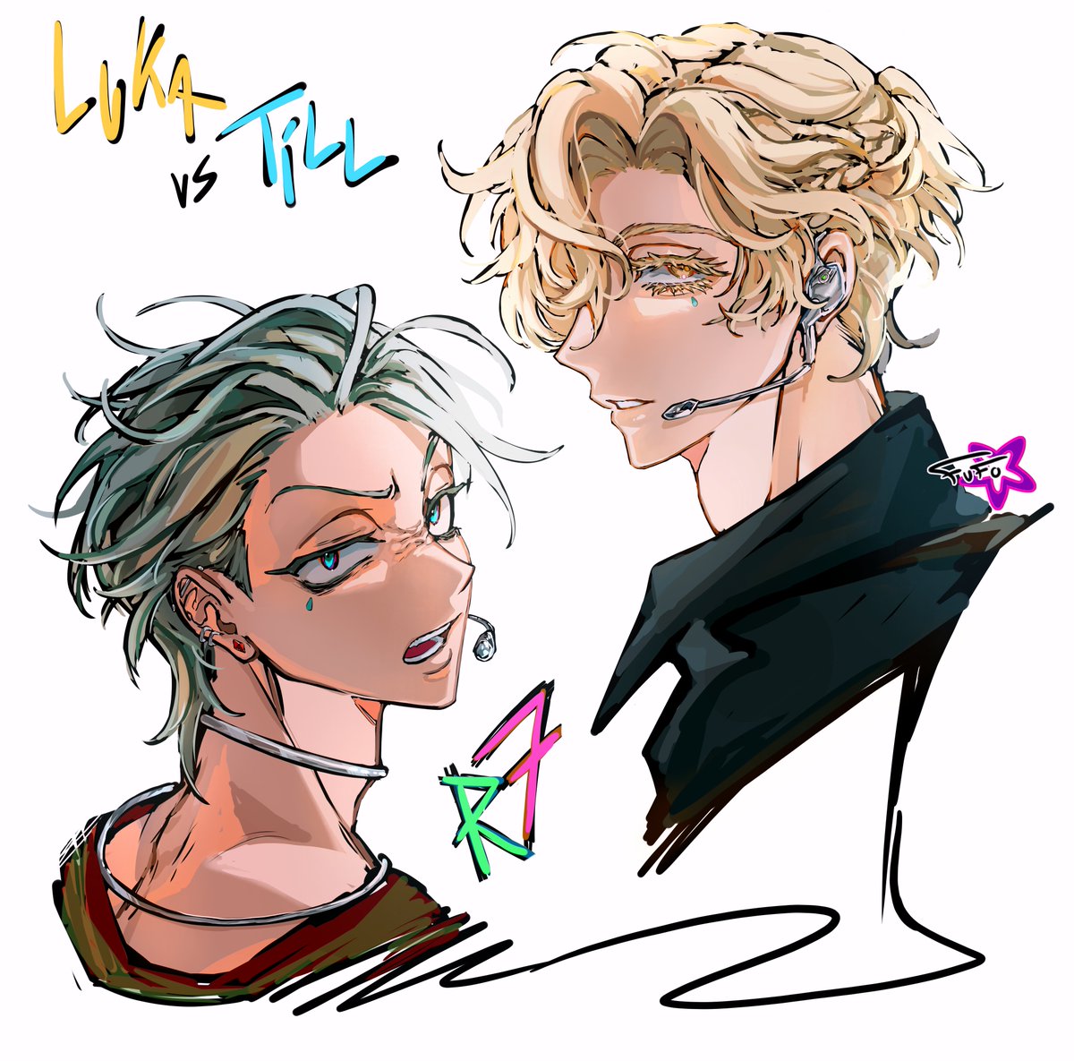 the image is a digital fan art illustration featuring two animestyle male characters, likely inspired by the vocaloid series.  the character on the left has short, lightgreen hair and a choker; the character on the right has longer, blonde hair and appears to be wearing a headset with a microphone. they are positioned close to each other, their faces conveying a sense of intensity and possible rivalry. the art style is dynamic and expressive, focusing on the characters' facial features and attitudes. the background is simple, allowing the characters to be the central focus. text on the image indicates a confrontation or competition between "luka" and "till."  the overall style is sharp and detailed, with attention to linework and shading.