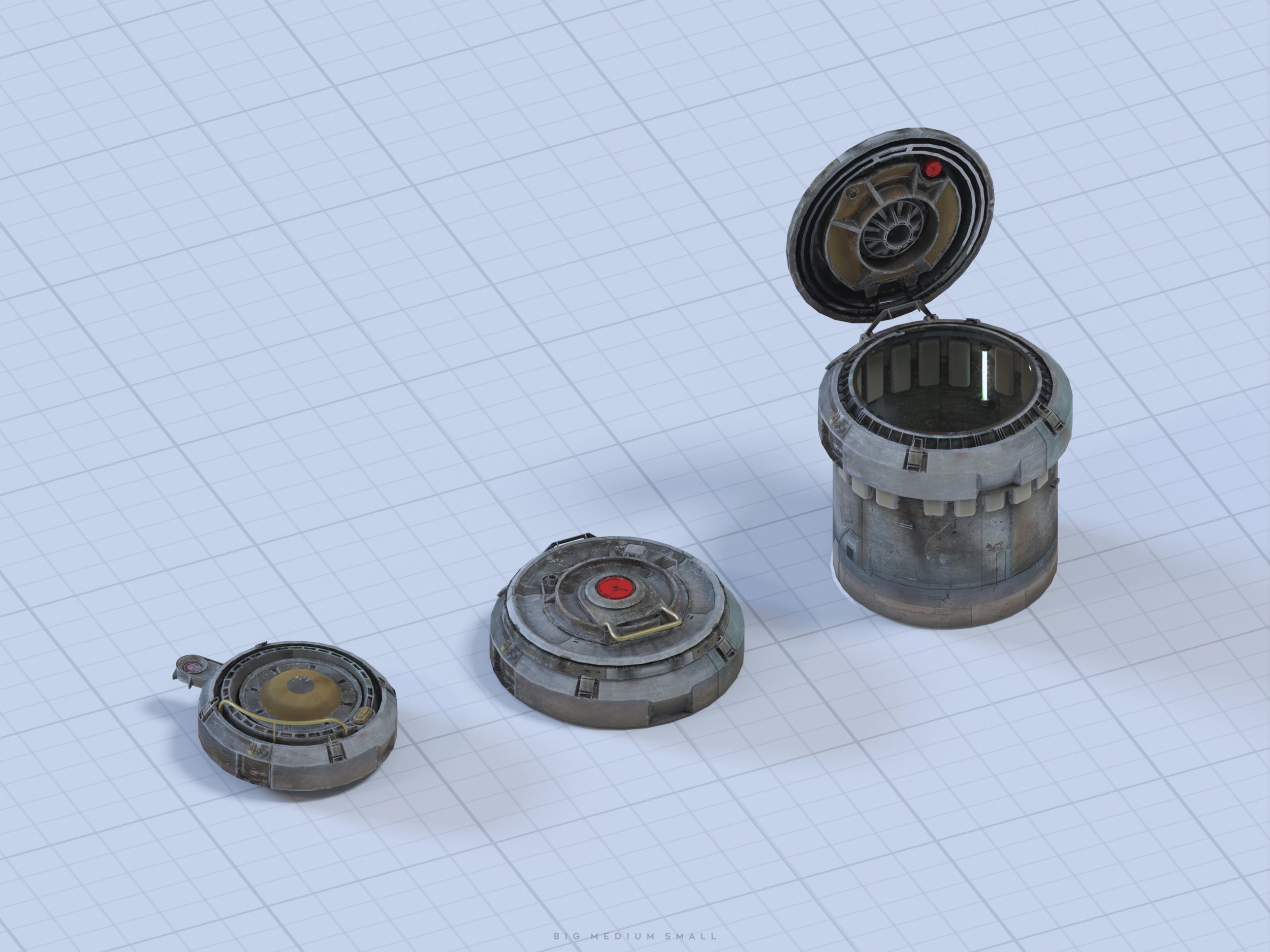 the image is a 3d rendering showing three different sizes (small, medium, large) of a metallic, cylindrical hatch or access point, possibly for a bunker or similar structure.  the hatches are detailed with rivets, wear and tear textures, and a small red button detail.  the largest hatch is shown open, revealing its interior. the models are presented against a grid background, allowing for a clear scale comparison. the overall style evokes scifi or futuristic industrial design, suggesting it may be a game asset or concept art. the word "big medium small" appears at the bottom of the image.