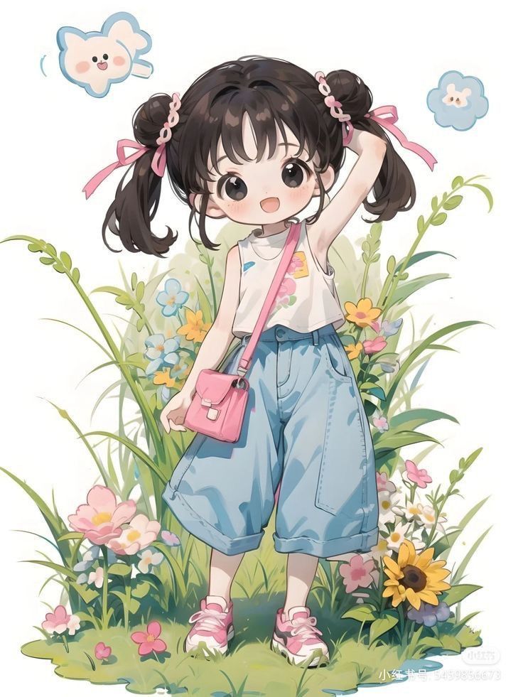 the image is a digital illustration of a cute, chibistyle anime girl. she has large, expressive eyes, dark brown hair styled in pigtails with pink bows, and is wearing a lightcolored sleeveless top and light blue denim shorts. she carries a small pink handbag and is standing in a vibrant garden filled with various pastelcolored flowers. the overall style is kawaii (cute) and pasteltoned, with a whimsical and cheerful atmosphere.  two small, cartoonish cloudlike shapes are present in the upper left and right corners of the image. the artist's watermark is visible near the bottom right corner.
