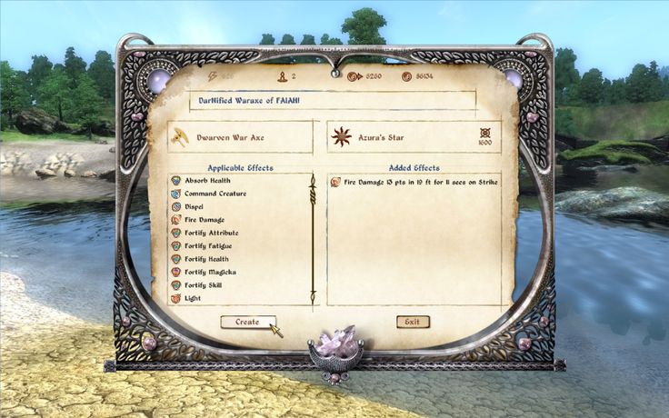 a screenshot of the crafting interface from the elder scrolls iv: oblivion, showcasing the options to enchant a dwarven war axe with azura's star. the interface displays the weapon's name, its base stats, and the available enchantment effects. the user can choose to add fire damage to the weapon, increasing its offensive capabilities. the effects section highlights various options to enchant the dwarven war axe, including boosting its health, commanding creatures, dispelling magical effects, inflicting fatigue, enhancing magic, and providing light. this interface allows players to customize their weapons with specific enchantments to suit their playstyle and combat strategies. the screenshot captures the moment where the player is about to create the enchanted weapon. the background depicts a tranquil river scene, suggesting the player is outdoors in the world of oblivion.