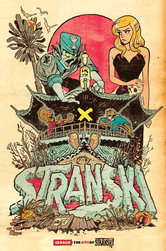 the image is a comic book art illustration featuring a variety of characters and elements. a tealskinned monster with a teal hat and robotic arm stands beside a blonde woman holding a skull. behind them is a large red sun, and a palm tree with birds flying around it. below them is a stylized oriental building with two humanlike characters inside. the name "stranski" is written in large, rocky letters at the bottom, with plants and small creatures around it. the overall style suggests a fantasy or adventure comic.