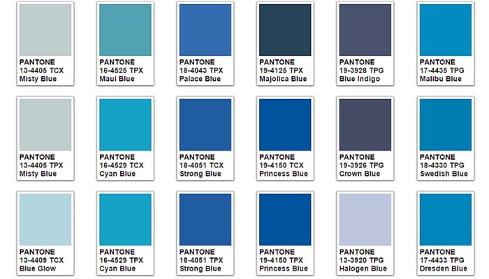 the image shows a collection of pantone color swatches in various shades of blue. each swatch is labeled with a pantone number and name. the colors include light blues, teals, dark blues, and indigo. the color codes include tcx, tpx, and tpg designations.
