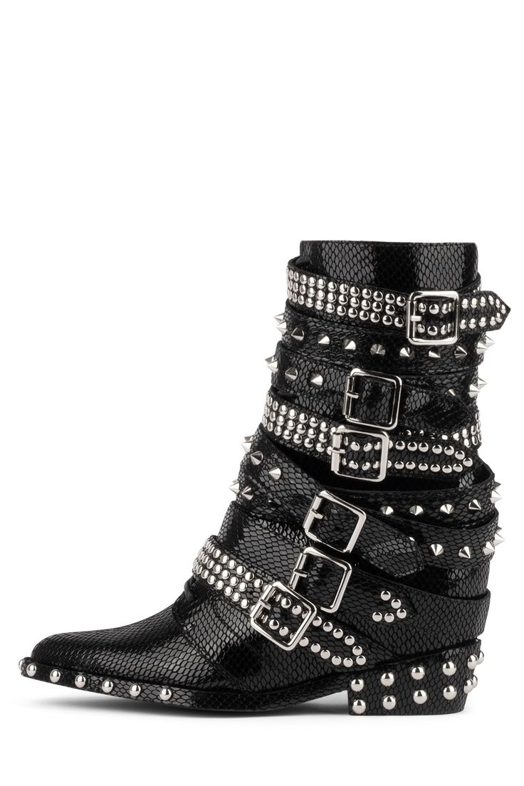 the image shows a single, black women's ankle boot. the boot is made of snakeskintextured leather and features multiple buckles and silver studs along the shaft and heel.  the style is edgy and incorporates elements of western and punk aesthetics. the boot is angled slightly, showcasing its profile and details.  the background is plain white to isolate the footwear.