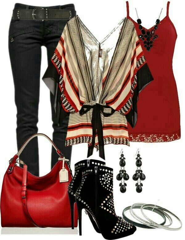 the image shows a fashionable outfit. it includes black jeans with a black belt, a red handbag, black studded heeled boots, black chandelier earrings, silver bracelets, a red dress with a beaded necklace, and a striped kimono top.