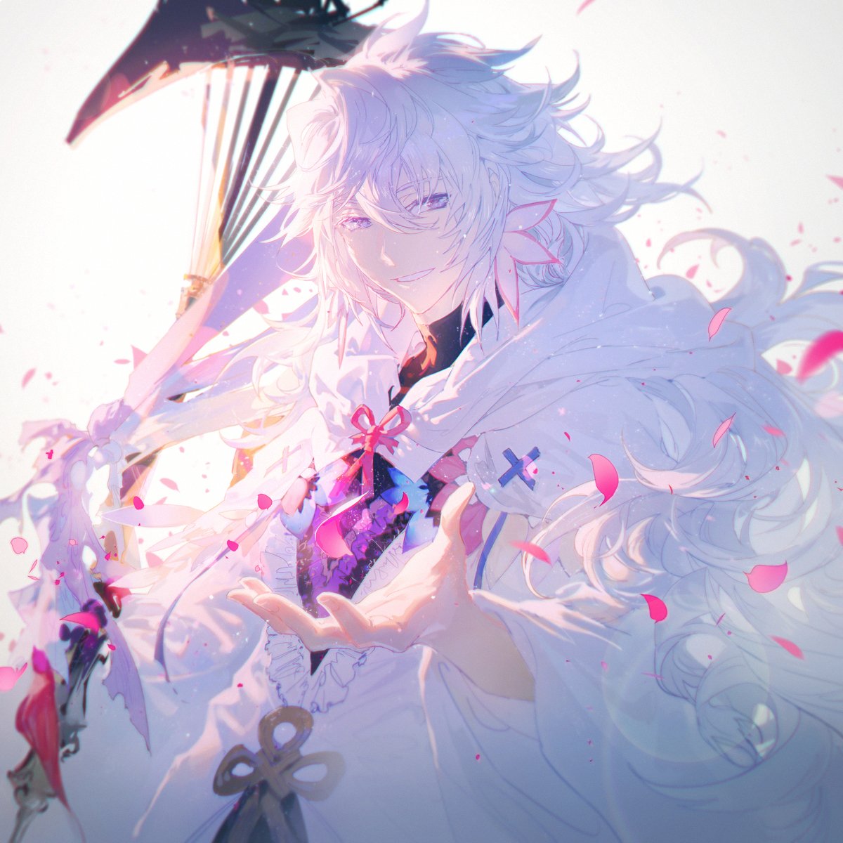 the image is a digital artwork featuring a whitehaired anime boy with purple eyes. he is wearing a white cloak and holding a scythe. pink petals are scattered around him. the artwork has a fantasy feel.