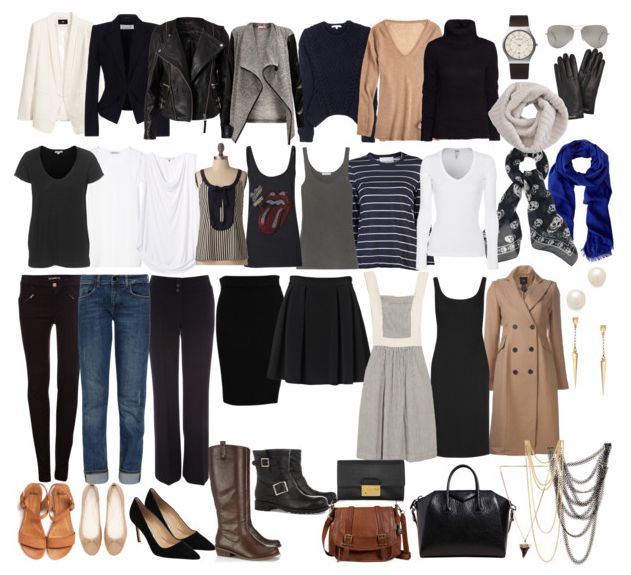 this image shows a collage of various clothes and accessories. the items include blazers, jackets, sweaters, shirts, pants, skirts, dresses, shoes like boots, flats, and heels, along with accessories such as a scarf, gloves, watch, jewelry, and handbags. the composition presents a wellrounded wardrobe selection.