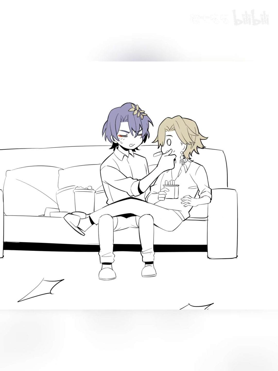 the image is a black and white animestyle drawing of two boys sitting on a couch together. one boy is feeding the other boy chips. they appear to be in a romantic relationship. the art style is cute and simple, with soft lines and shading.  the background is plain white.