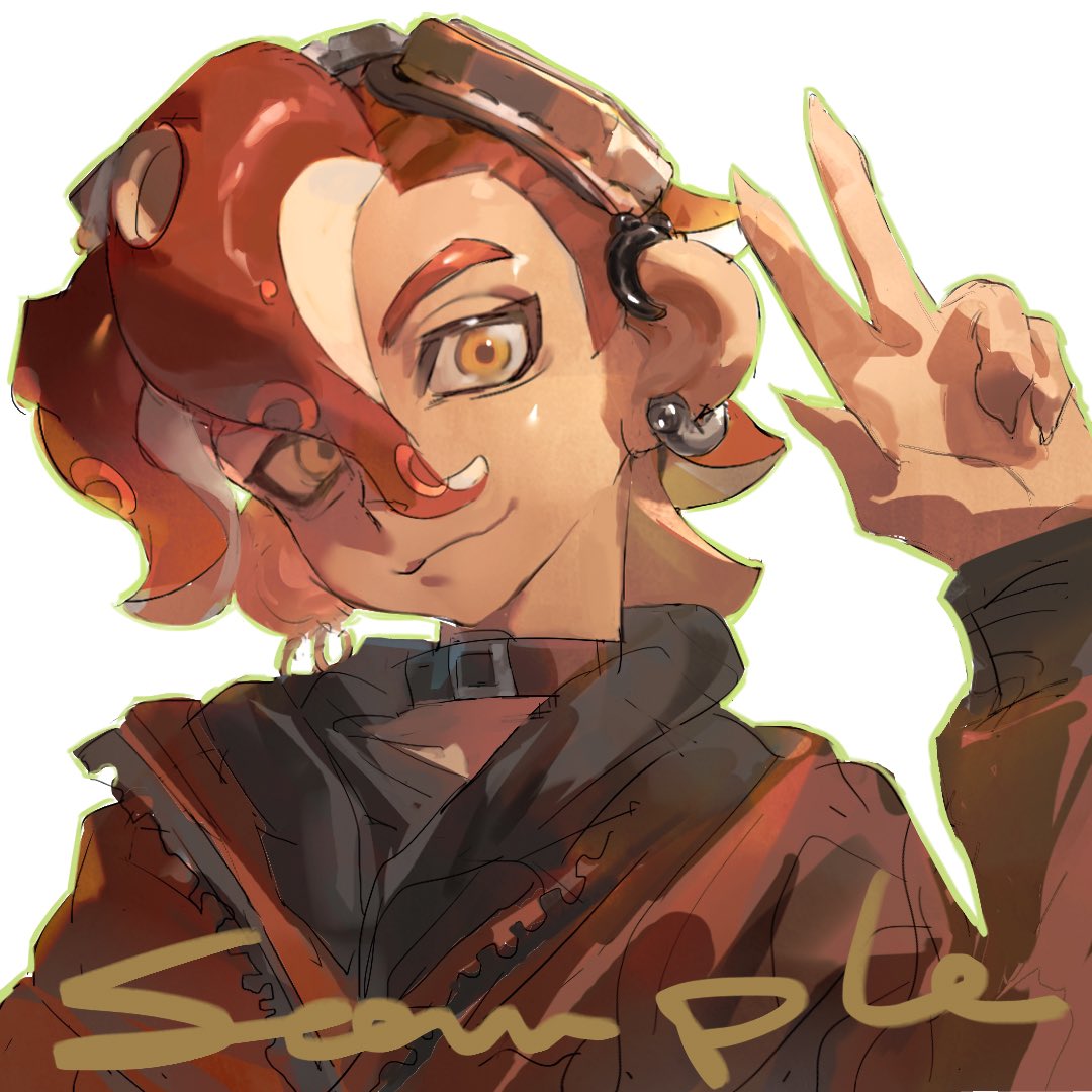 a digital illustration of a fictional character. he is an anime male with tentacles for hair and a large smile. he is wearing a black jacket with a red hood,  eyeglasses, a black choker and earrings. he is giving the peace sign with his right hand. the character appears happy and positive.