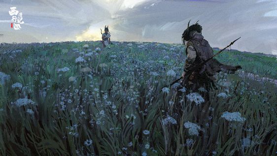 this evocative illustration presents a sprawling field blanketed in muted blue flowers, stretching towards a horizon dominated by a pale, overcast sky. the soft, diffused light of dawn or dusk casts a gentle glow on the scene.  two solitary figures, seemingly warriors adorned with traditional attire and armed with spears, stand amidst the vastness. one figure, facing away from the viewer, occupies the foreground, while the other appears as a distant silhouette against the horizon. this atmospheric artwork evokes a sense of adventure, serenity, and the quiet beauty of nature.