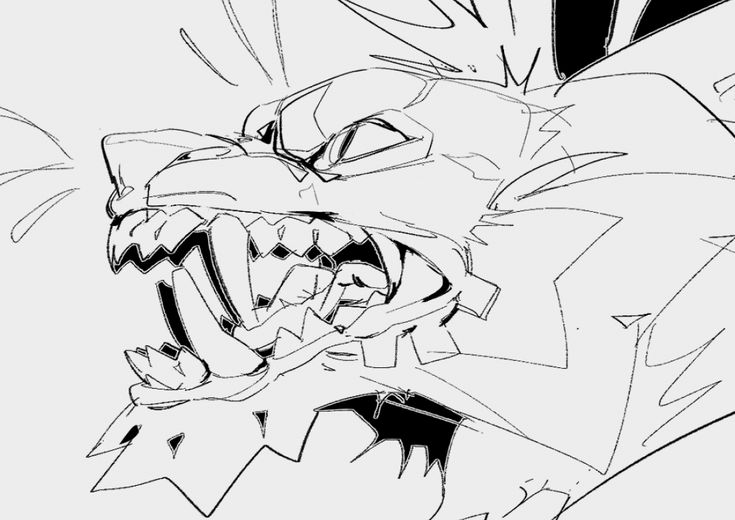 the image is a black and white line drawing of a stylized furry creature, possibly a wolf or caninelike monster, with its mouth wide open in a ferocious snarl or growl. the style is expressive and dynamic, with sharp lines and exaggerated features, suggesting anger or aggression. the drawing is detailed, capturing the texture of fur and the sharpness of teeth. the background is plain, allowing the creature to stand out. the overall impression is one of wildness and power.