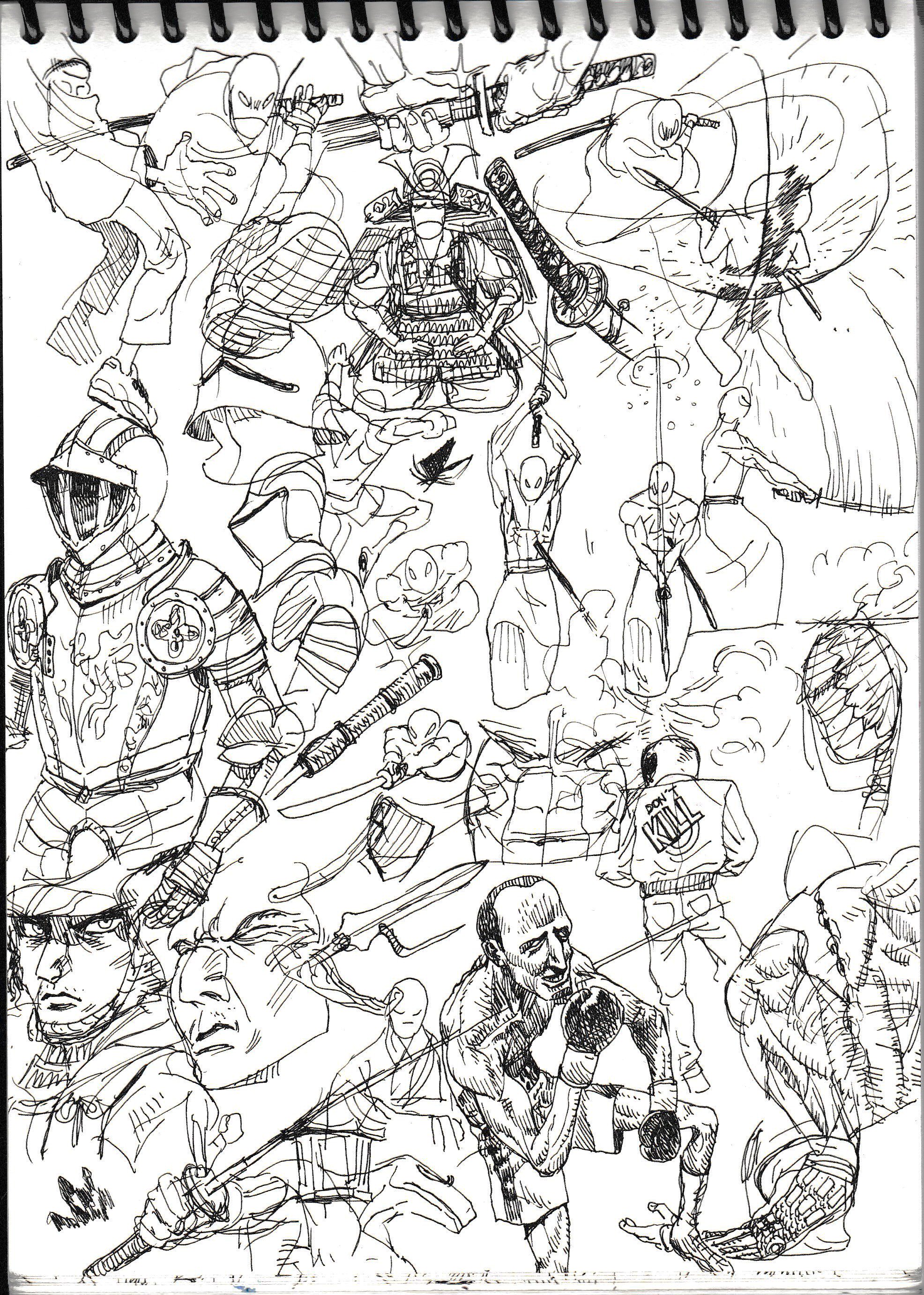 this is a black and white ink sketch on paper. it is a chaotic collection of figures, both human and fantastical, drawn in a dynamic and expressive style. the figures are engaged in various actions, including fighting, standing, and looking on. the piece is filled with details, from the intricate designs on the armor to the subtle expressions on the faces. there is a sense of energy and movement throughout the sketch, which captures the artist's imagination and creativity.