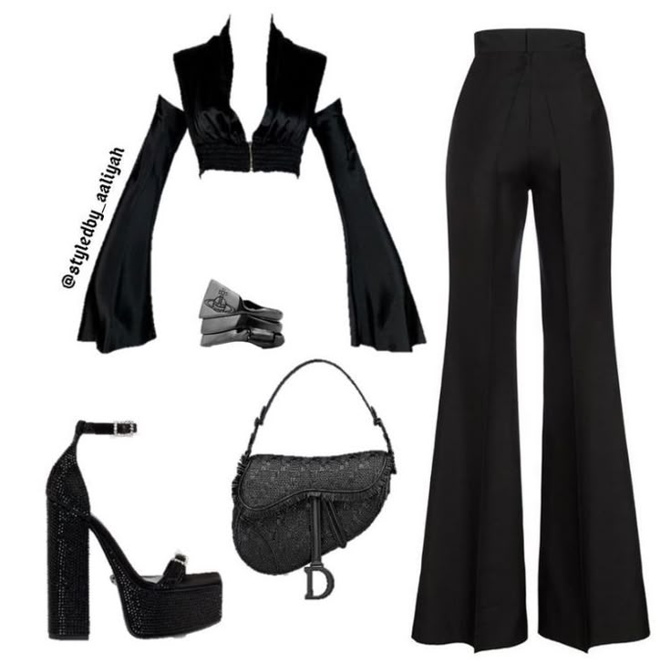 the image shows a black outfit including a crop top, flared trousers, platform heels, and handbag.