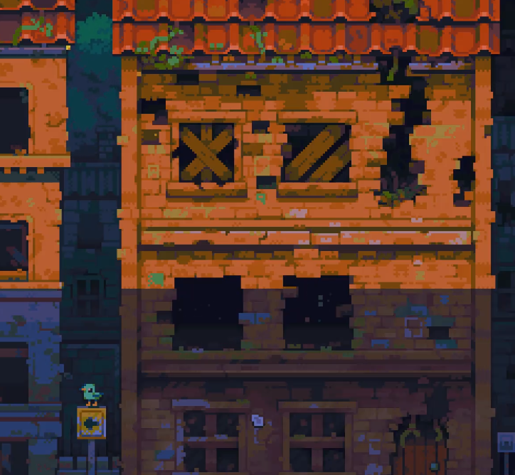 pixel art image of an old, abandoned building with brick walls, boarded up windows, and moss growing on the roof. sunlight shines on the upper half of the building. there is another building to the left and a street sign with a bird on top in the lower left corner.