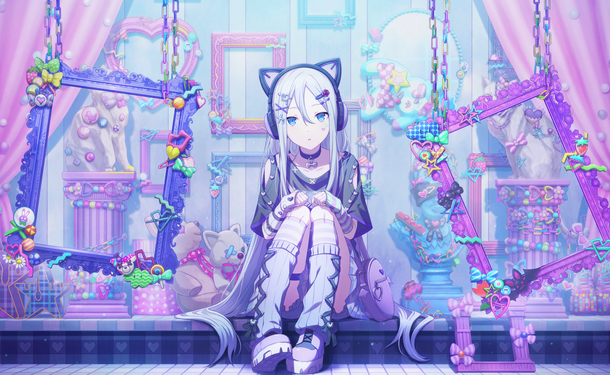 an anime girl with white hair and blue eyes wearing cat ear headphones, a black choker, and striped socks sits on a step surrounded by pastelcolored picture frames decorated with bows, hearts, stars, and candy. a teddy bear sits to her left, and a purse rests on the step to her right. the frames are hanging from chains and adorned with various decorations.
