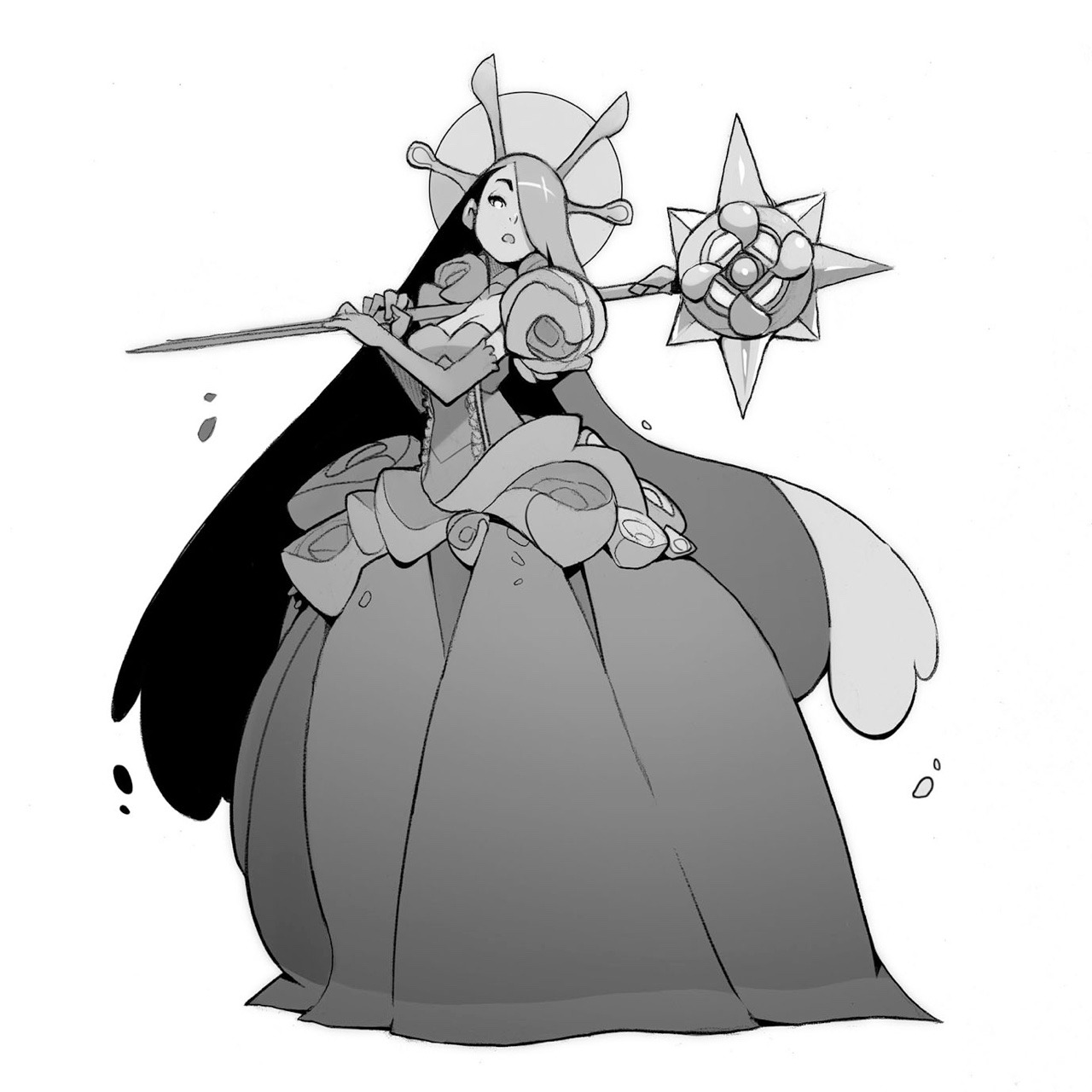 the image depicts a stylized black and white drawing of a young woman in a large, flowing gown adorned with roses. she holds a staff topped with a starlike design and wears a halolike ornament on her head. her expression is serious and determined.  the style of the art is slightly cartoonish with exaggerated features.