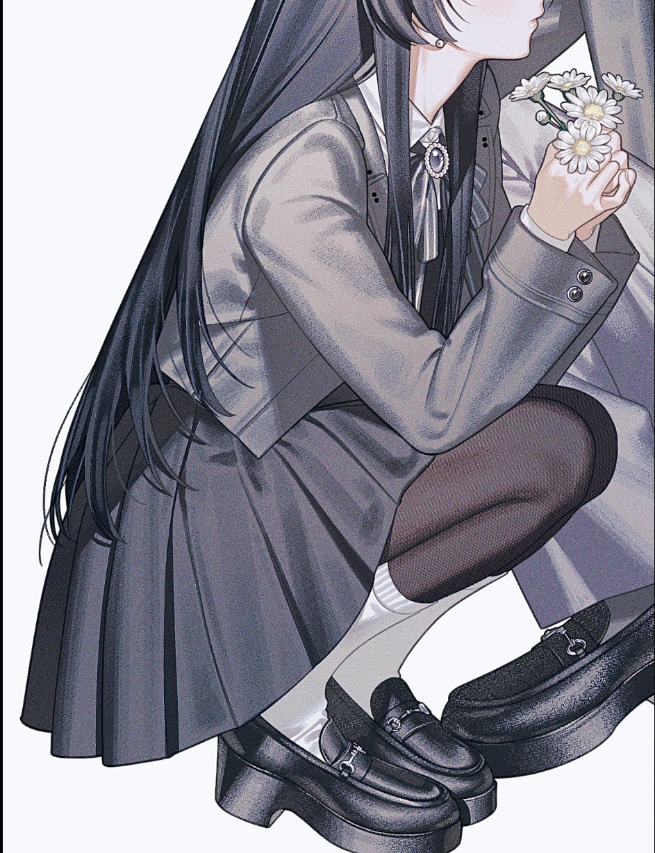 the image shows a drawing of a girl with long black hair wearing a grey school uniform, which includes a blazer, a pleated skirt, white socks, and black loafers. she is holding a small bouquet of daisies and looking to her right. the background is white, and the lighting is soft. the overall style of the image is reminiscent of anime and manga.