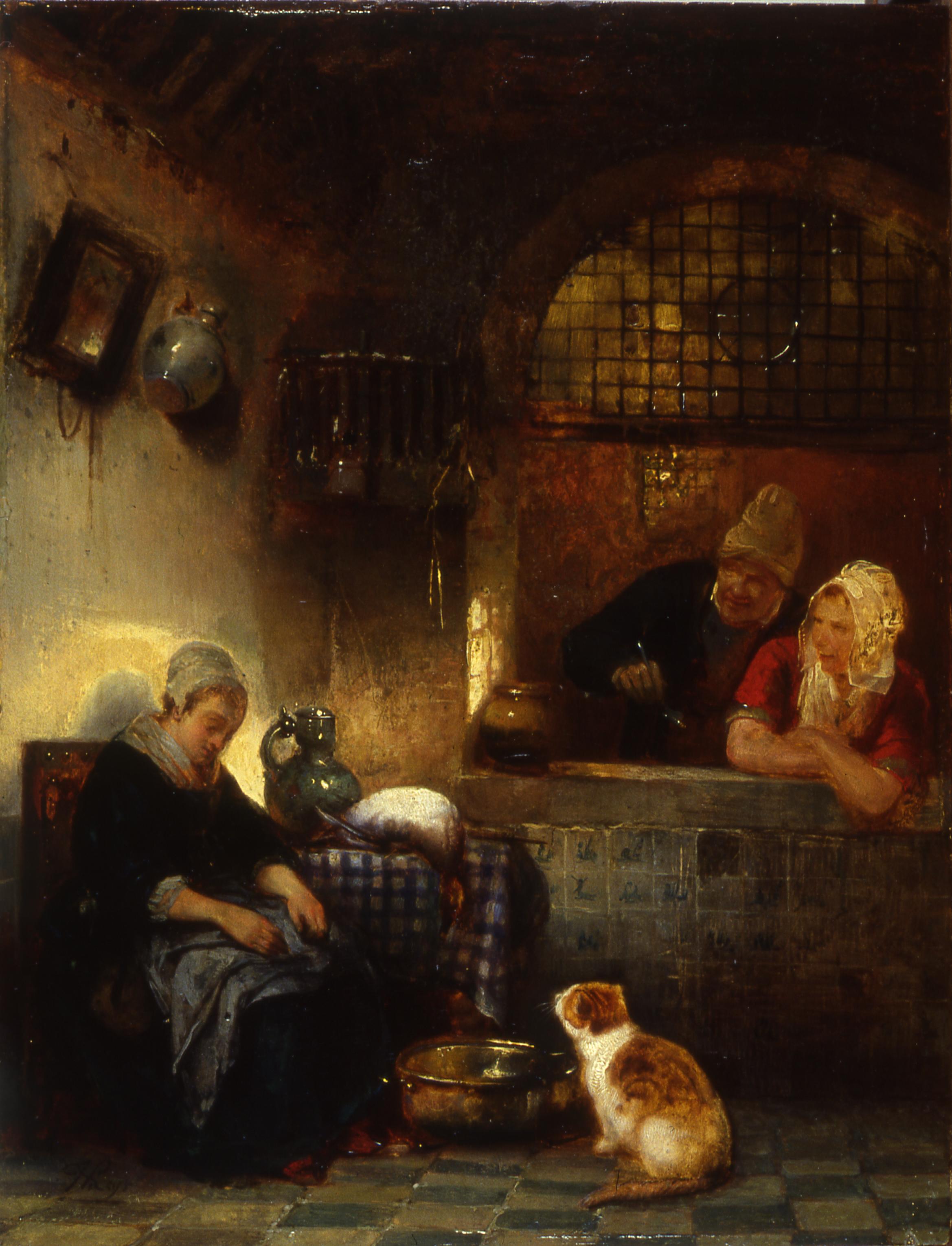 this is a painting depicting an interior scene, likely in a kitchen setting. a woman wearing a bonnet sits on a chair to the left, with a table beside her covered with a checkered tablecloth. on the table are a pitcher, a white object (perhaps a cloth or loaf of bread), and a plate. to the right, a man wearing a cap and a woman in a red dress and bonnet are leaning over a tiled surface with a window behind them. in front of the tiled area is a dog looking at a bowl on the tiled floor. in the background, there is a cage and a plate hanging on the wall, along with a framed object. the floor is tiled in a checkered pattern. the scene is dimly lit.