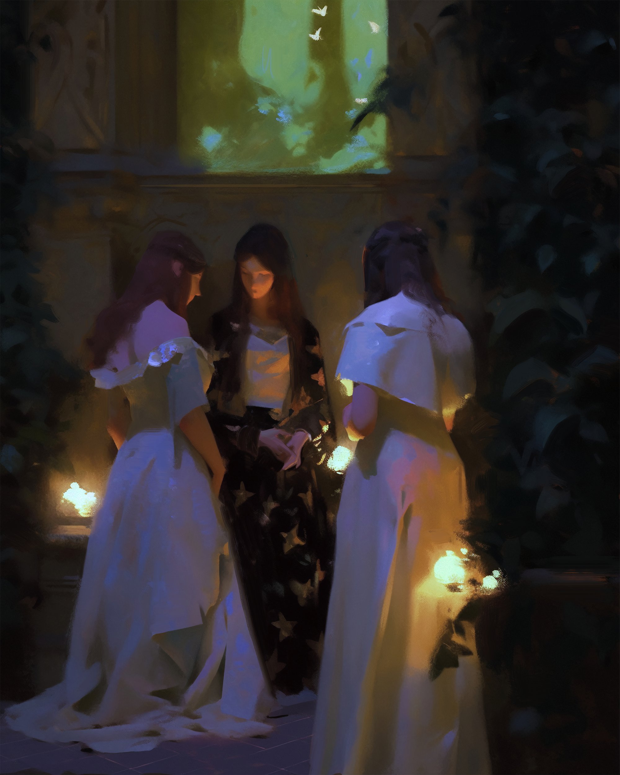 three women in white dresses are standing in a shadowy, moonlit setting. they are backlit by an unseen light source, creating a mysterious and atmospheric scene. the women's faces are obscured by shadows, adding to the sense of intrigue. the painting is filled with rich details and textures, showcasing the artist's masterful use of light and shadow.  this artwork hints at a story of mystery, fantasy, and maybe even a touch of danger.