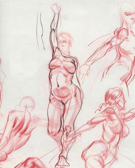 the image shows several quick figure drawings of women in various poses, rendered in red chalk or pencil on white paper. the focus is on capturing the gesture, form, and movement of the body, with some attention to anatomical detail. the style is loose, expressive, and energetic.