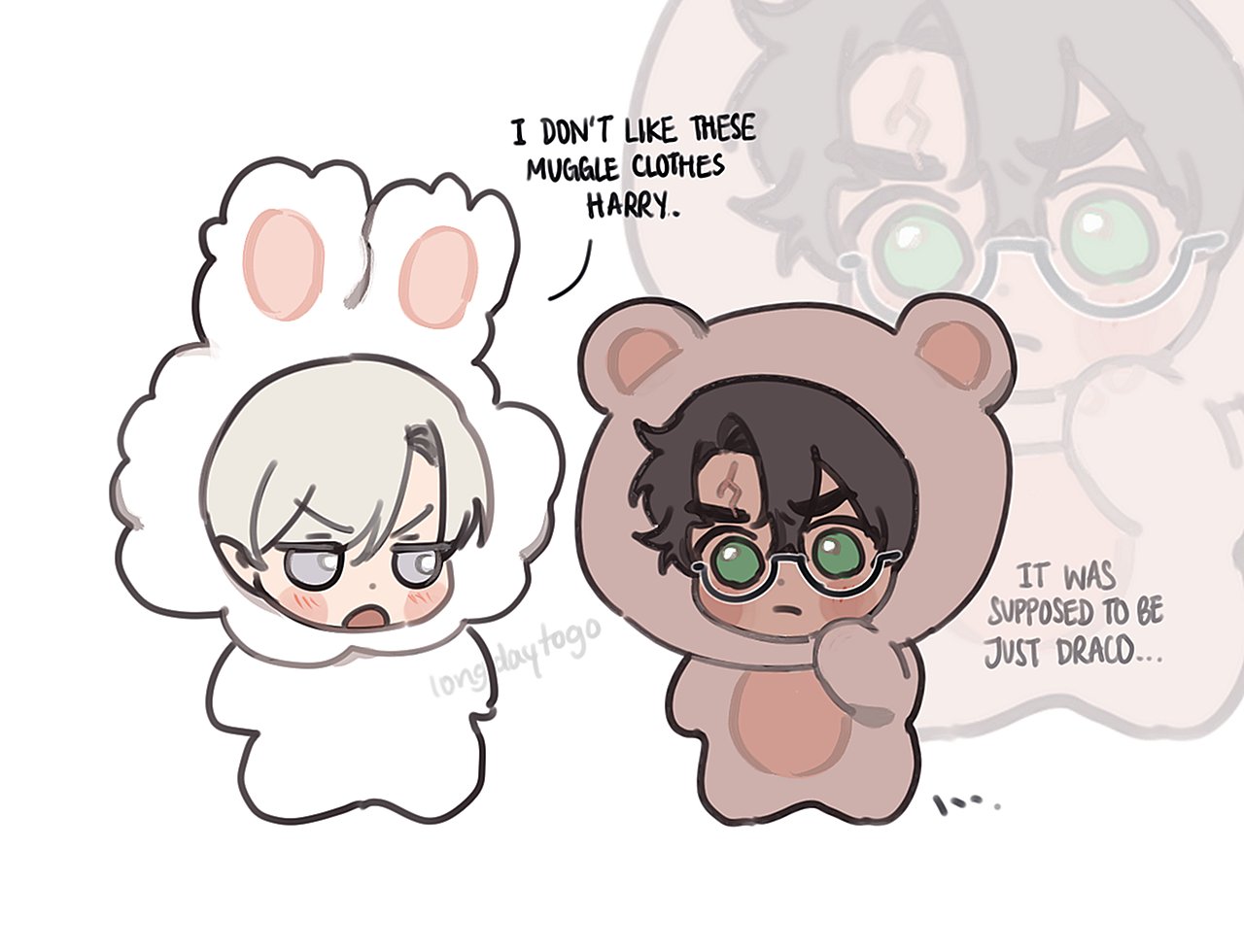 he image shows a cute chibistyle fanart of harry potter and draco malfoy dressed in adorable animal costumes. harry is in a bunny costume while draco is in a bear costume.  the art style is soft and features pastel colors. a speech bubble reveals harry's displeasure with his muggle clothes, with another hinting at a planned costume choice. the overall tone is lighthearted and playful.