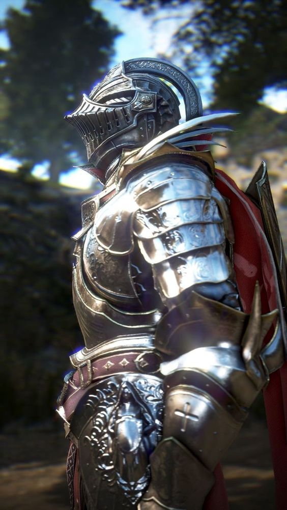 a knight in ornate, silver and gold armor stands in profile view against a blurred forest background. the sunlight gleams off the polished metal, highlighting the intricate details of the armor.  the knight's helmet is crowned with a plume of feathers, and a red cape flows behind them. the scene evokes a sense of strength, honor, and the mystique of a fantastical world.