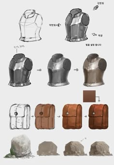 this image shows a stepbystep drawing process of a chestplate, a bag, and a rock. the drawing starts with simple lines and shapes and progresses to more detailed and realistic renderings. the process is illustrated with arrows and labels to show the different steps involved.