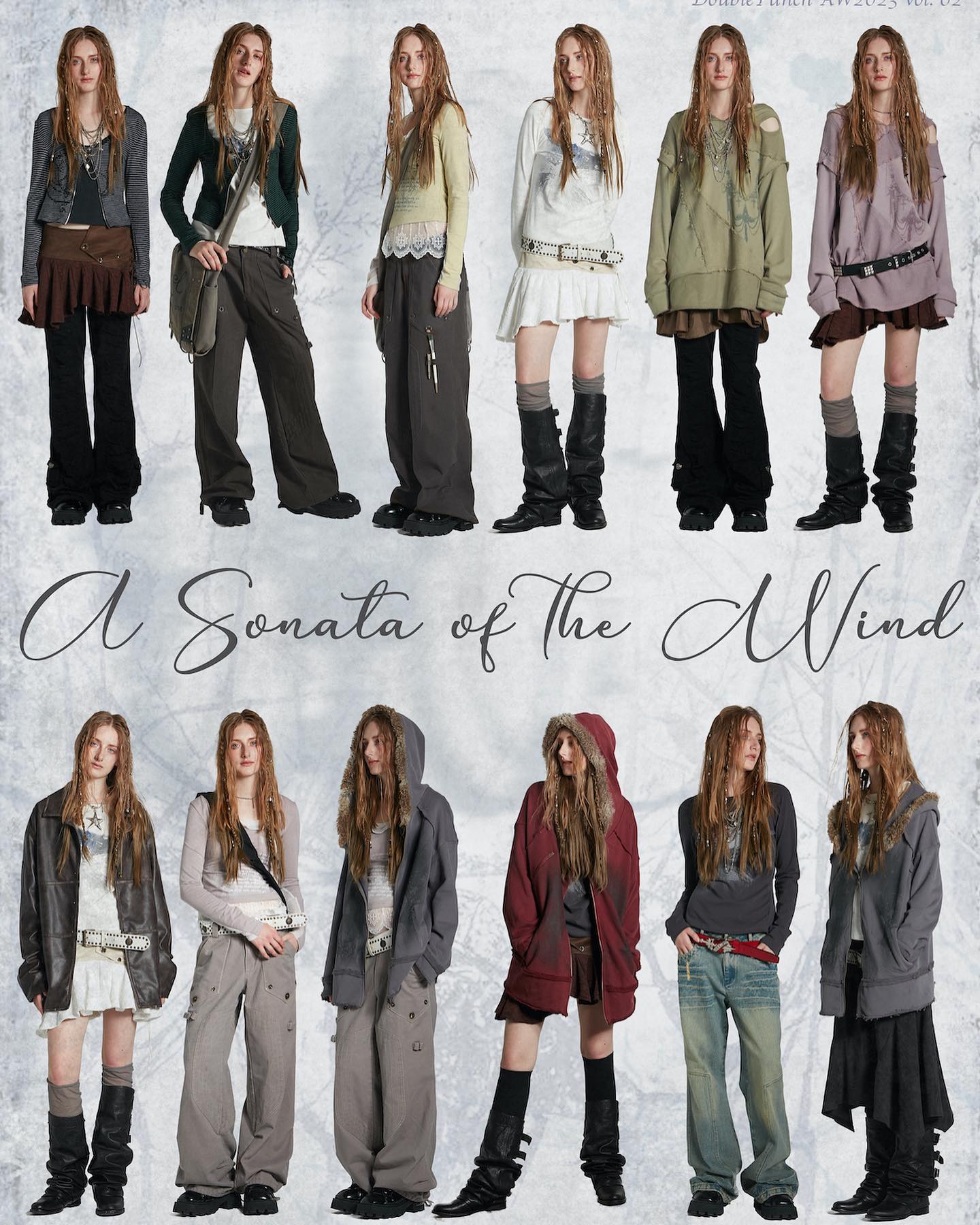 the image is a fashion lookbook for douleur's fall/winter 2023 collection titled "a sonata of the wind". it features twelve female models showcasing different outfits from the collection. each model is posed individually against a muted background. the clothing is characterized by a blend of grunge, dark academia, and bohemian elements, with a prevalence of oversized silhouettes, layered pieces, and distressed textures. the color palette consists primarily of neutral tones like gray, brown, and muted greens and purples. the models wear a mix of pants, skirts, hoodies, jackets, and boots. the overall aesthetic is dark, romantic, and slightly rebellious.