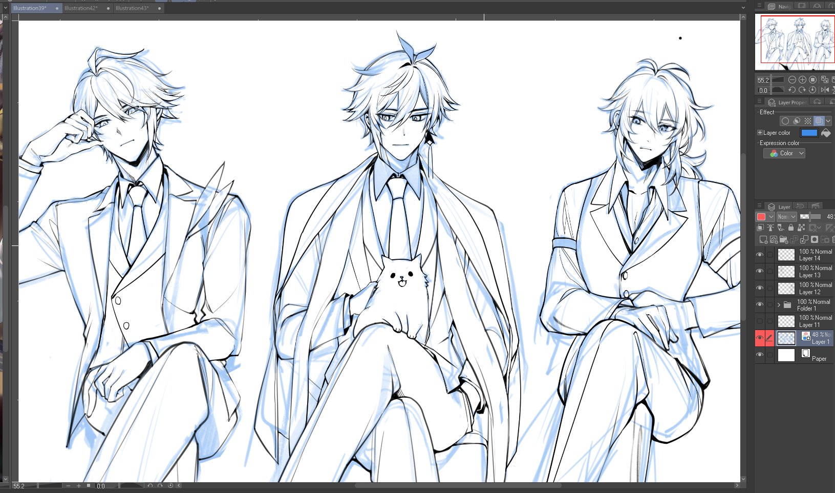 the image is a digital illustration of three anime men in suits. the man on the left is looking away from the viewer, and the middle man is looking straight ahead. the right man is facing the viewer with a soft smile on his face. the man in the middle is holding a white cat in his lap. the background is white and the lines are all blue. the image is likely a sketch or rough draft for a larger piece of artwork.