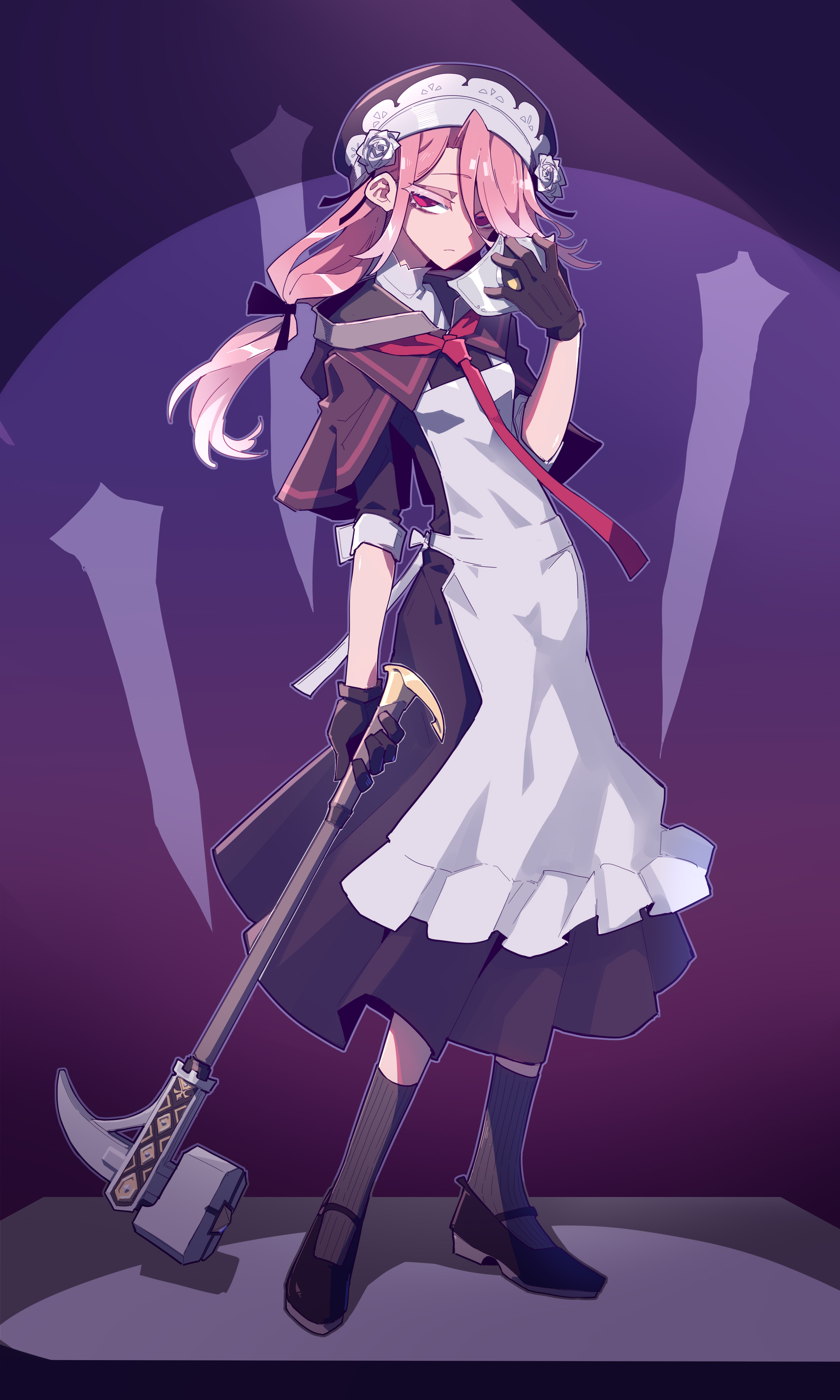 a full body anime style drawing of a young woman with pink hair, wearing a black dress with a white maid apron, a maid hat with roses, and black gloves and shoes. she holds a hammer that resembles a grim reaper scythe. the background is purple with a large "v" shape.