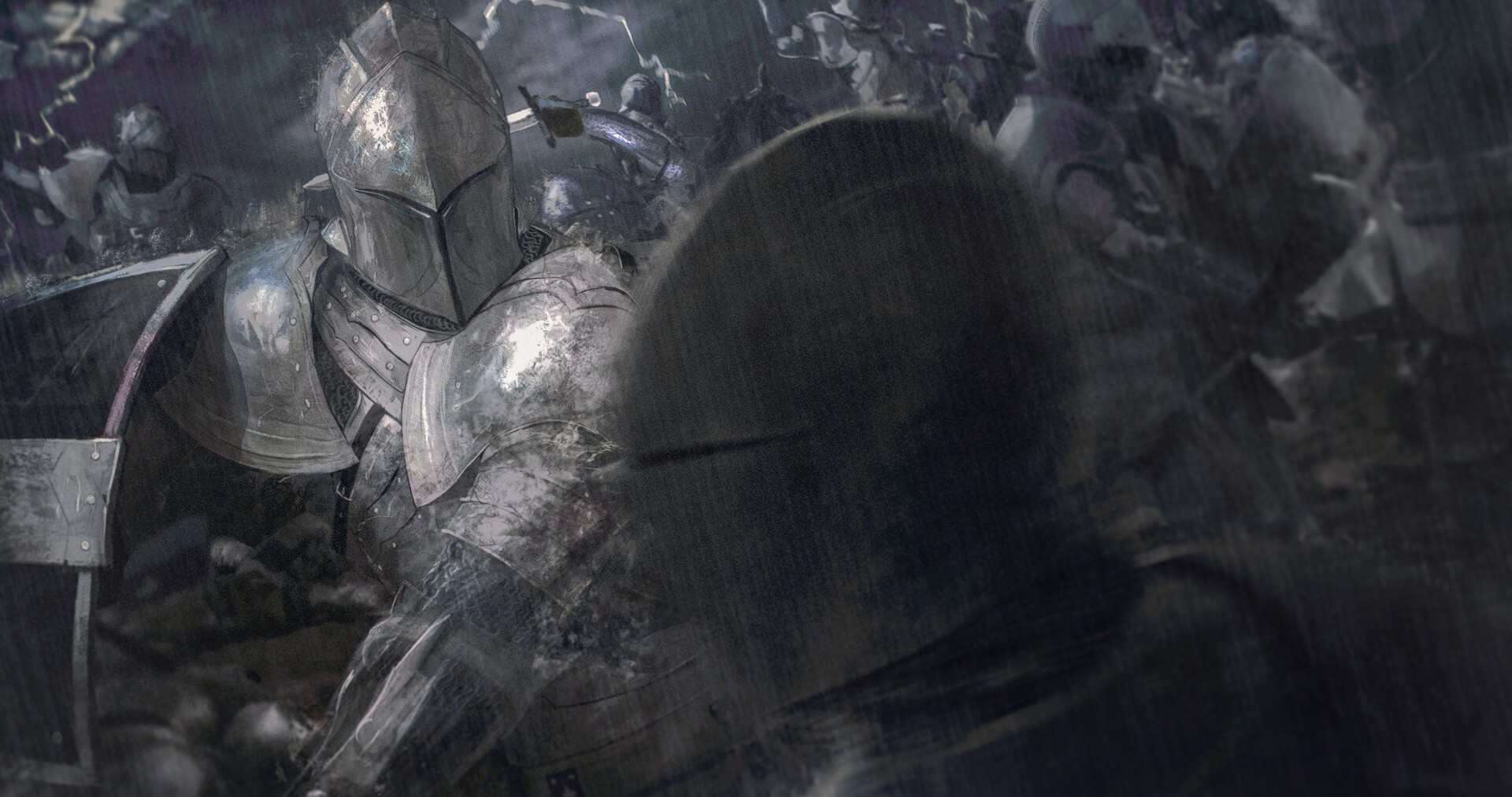 a chaotic and intense battle scene unfolds, depicting heavily armored soldiers clashing in the pouring rain. the ground is muddy, the sky is dark and stormy, and lightning flashes in the distance. the image focuses on a knight in the foreground, his face obscured by a helmet, as he charges forward with his shield raised. the overall atmosphere is dark, gritty, and actionpacked.