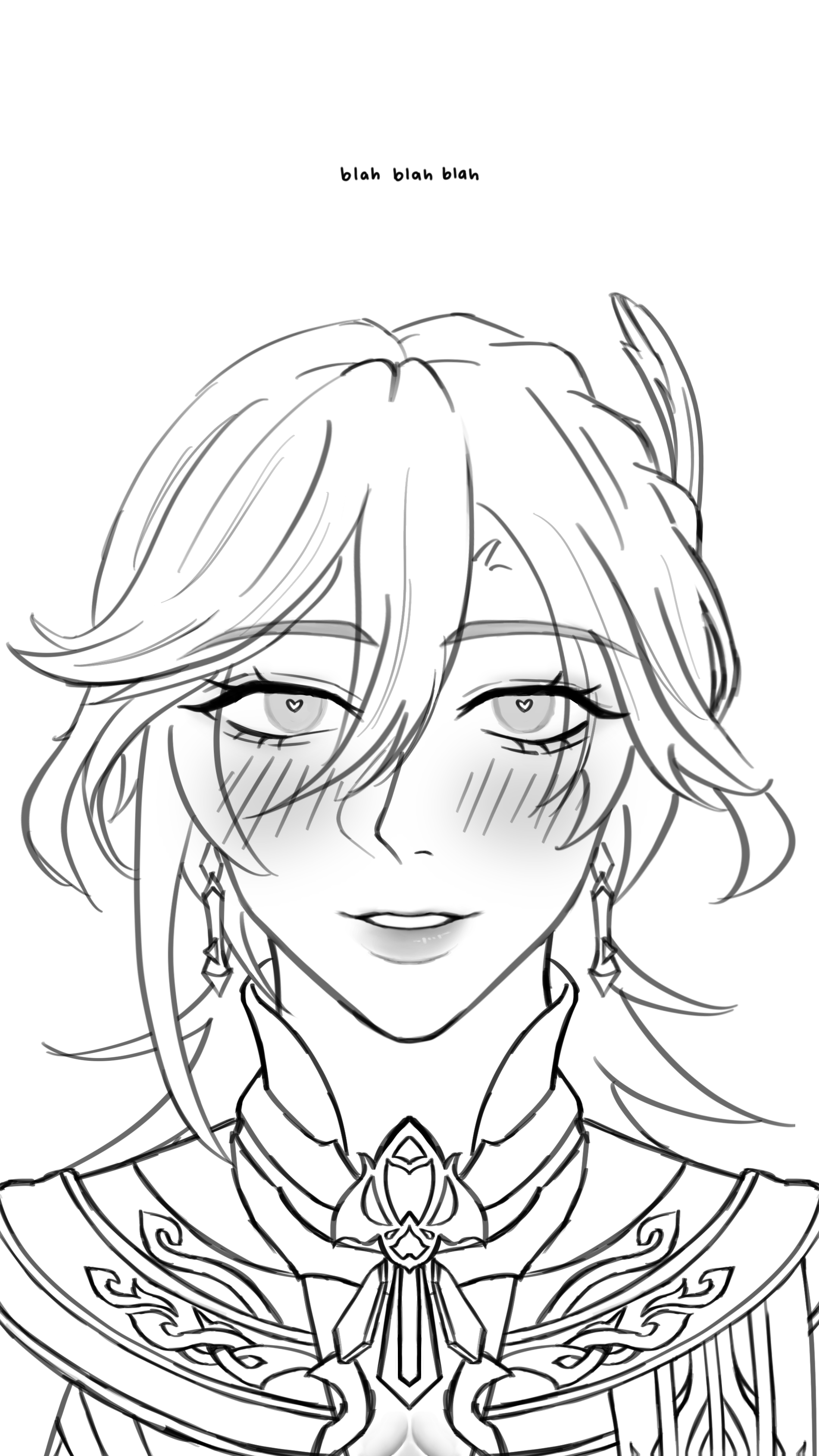 this is a black and white animestyle line drawing of a blushing man. he has heartshaped eyes, earrings, a feather in his hair, and elaborate clothing. above his head is the text "blah blah blah."