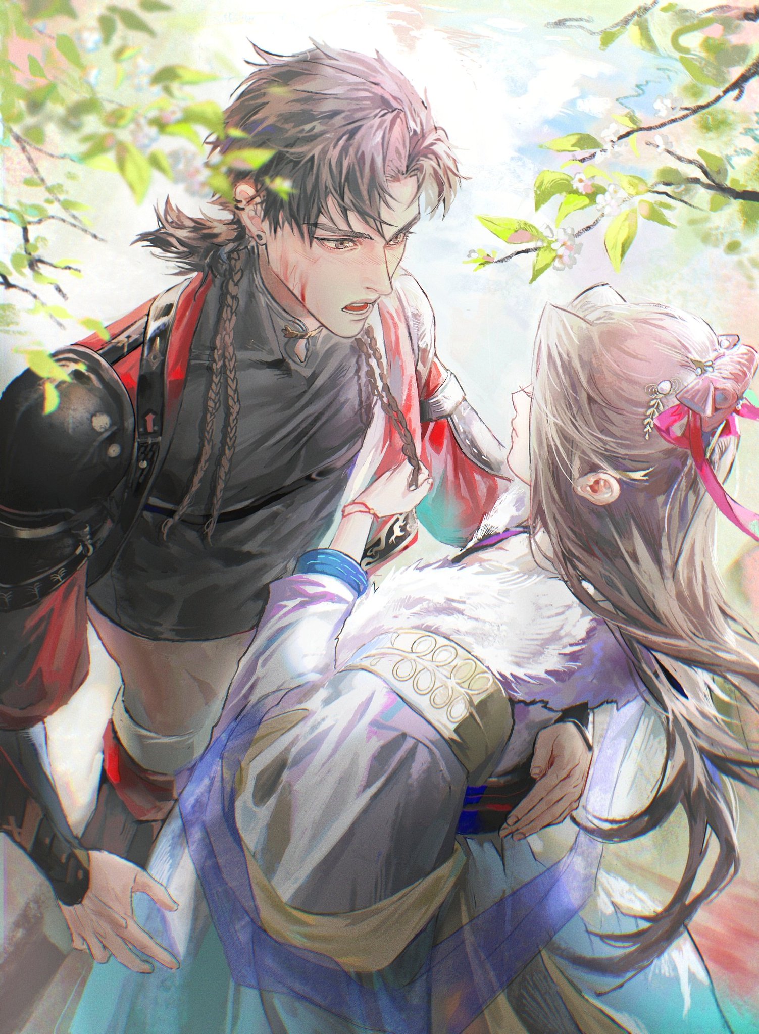 the illustration portrays a couple in a romantic embrace.  the man, adorned in warrior attire, holds a woman close, their expressions filled with love and longing. the woman, dressed in flowing robes, leans towards her companion,  exuding an air of vulnerability and affection.  the setting suggests a fantastical world, with lush greenery and a soft, ethereal glow, adding an element of magic and romance to the scene. the artwork captures the essence of passionate connection amidst a backdrop of adventure and possibly conflict.