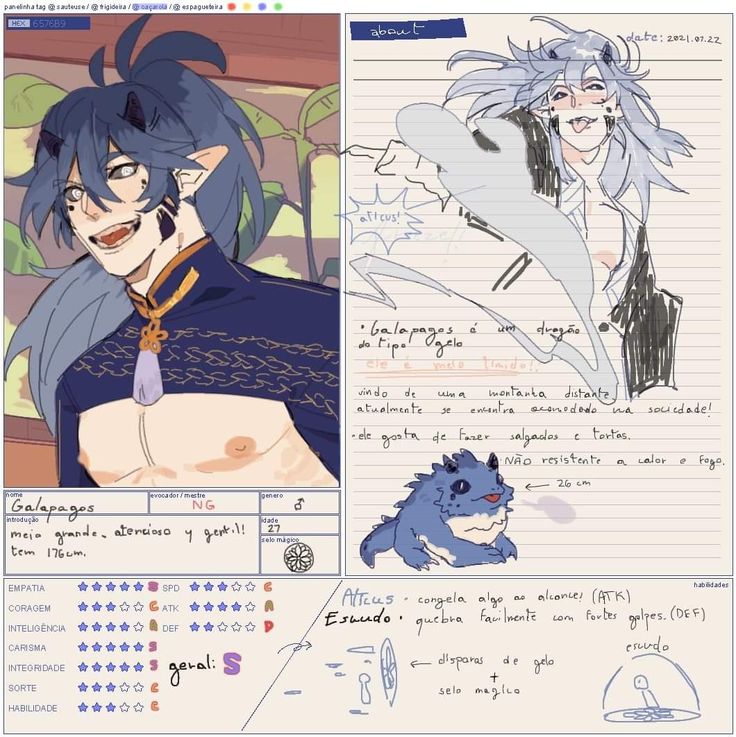 the image is a digital drawing featuring a character sheet and concept art for two fantasy characters: galapagos and atticus.  galapagos is a tall, bluehaired humanoid with devilish features. atticus appears to be a smaller, blue dragonlike creature.  the character sheet for galapagos includes stats (empatia, coragem, inteligência, carisma, integridade, sorte, habilidade, spd, atk, def) with a rating system. the description for galapagos is written in portuguese, noting their large size, kind nature and dislike for heat and fire.  atticus's abilities are also described, focusing on ice attacks and a shield. the artist's notes and sketches are visible alongside more polished character portraits, providing insight into the design process.  the overall style is reminiscent of modern fantasy character design found online.