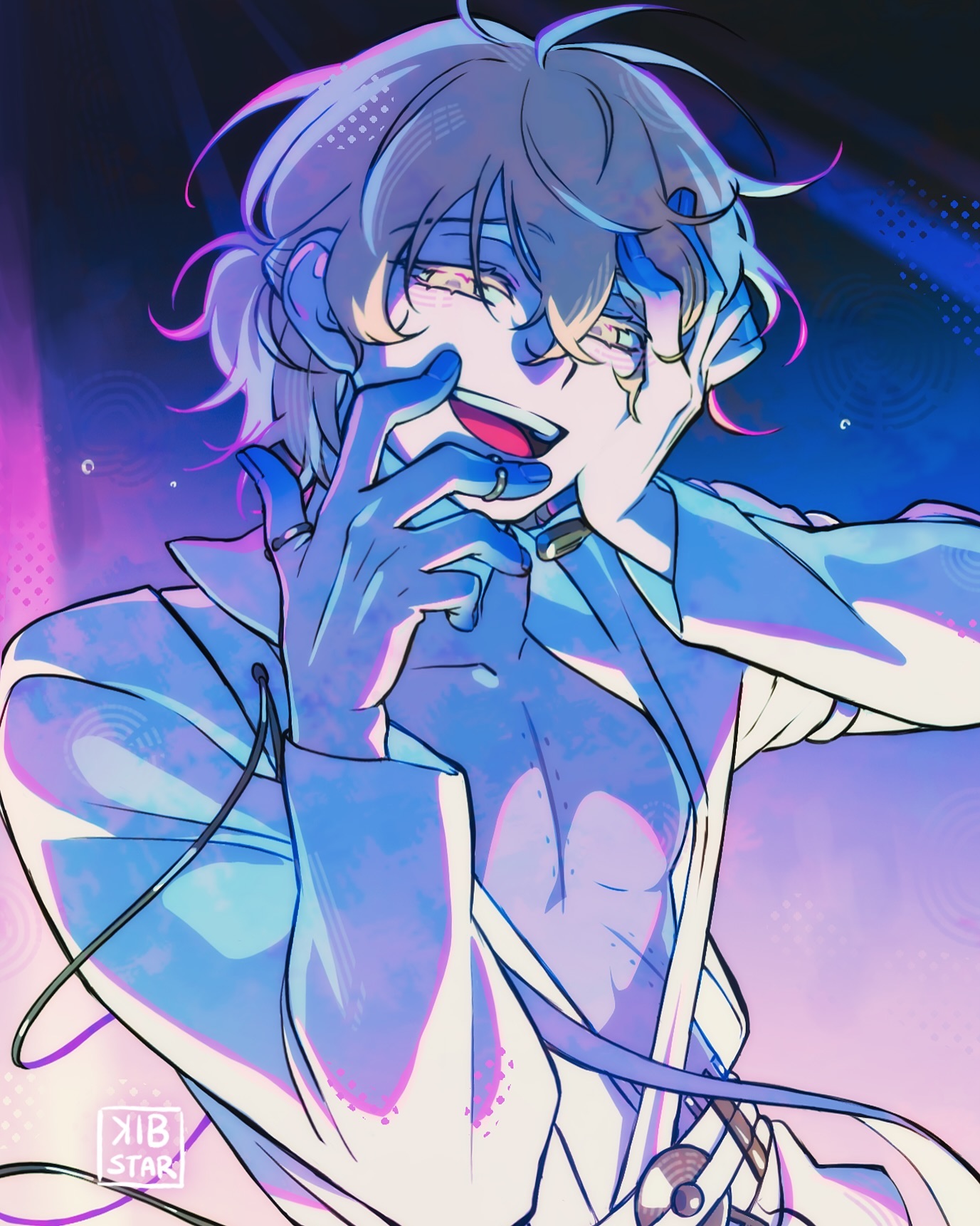the image is a vibrant digital fanart depicting a stylized anime male character. he has shoulderlength blonde hair and is wearing a partially open white outfit that's almost translucent, revealing his chest. he has a joyful, expressive face, possibly midperformance or singing. the background is a mix of purple and blue tones, suggesting a stage or concert setting with dramatic lighting. the style is dynamic and energetic, with sharp lines and glowing colors that create a striking visual effect.  the artist's signature "xib star" is visible in the bottom left corner.