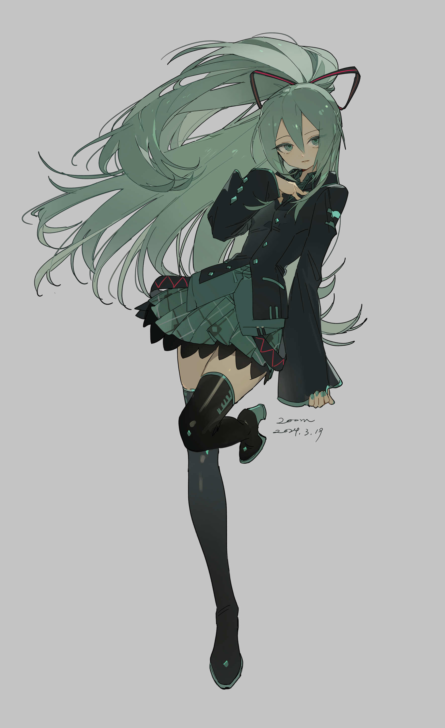 he image is a digital drawing of an anime girl. she has long, flowing green hair that is pulled back into a high ponytail. she's wearing a black jacket, a teal plaid skirt, and black thighhigh socks with boots. her expression is serious and she is posed dynamically, with one leg raised slightly. the art style is soft and somewhat painterly.  the overall color palette is muted greens, blacks, and grays.  a date is visible in the lower right corner. the style suggests a possible fanart piece, perhaps referencing a character like hatsune miku.
