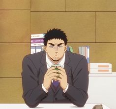 a man in a suit sits at a desk. he is holding a drink in his hand and looks concerned. there are bookshelves behind him and a small animal on the desk beside him.