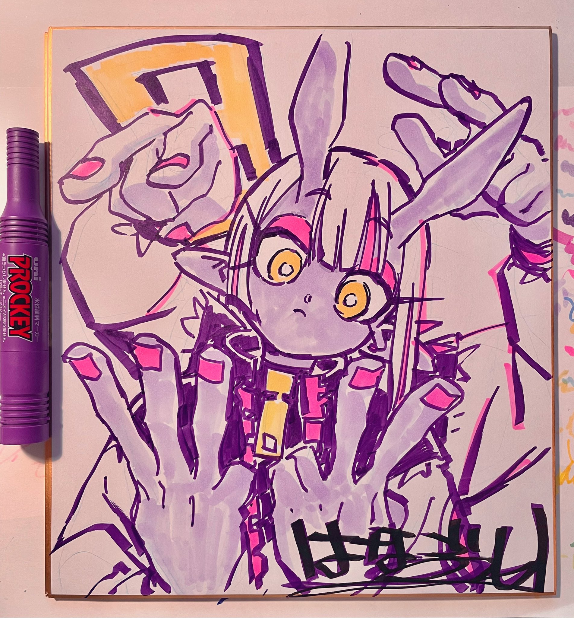 a brightly colored marker drawing of an anime style character with long rabbit ears giving a double peace sign gesture. the art has a purple theme and is signed by the original artist. there's a purple art marker on the left side of the image.