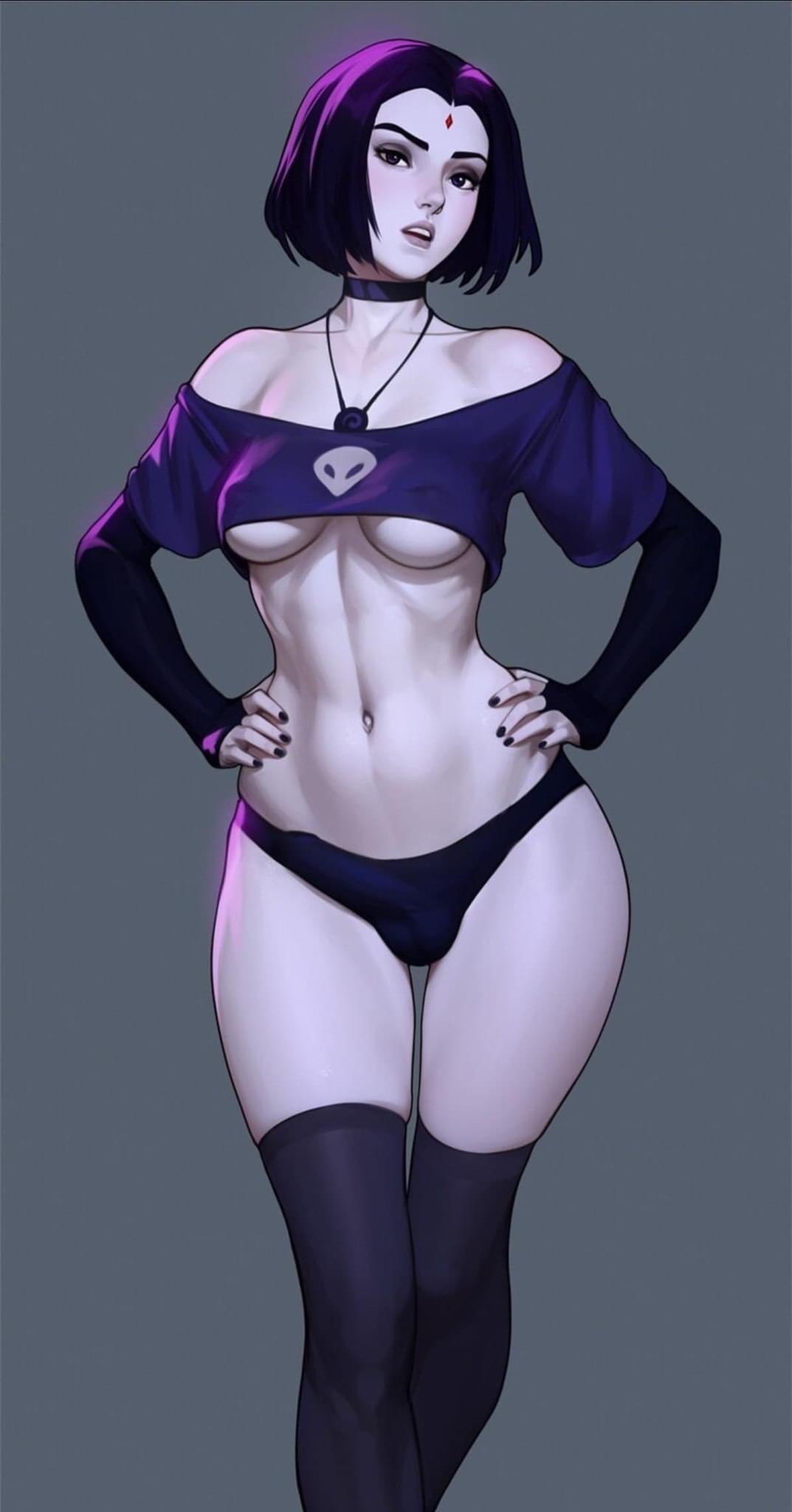 a digital artwork of a female anime character, who is standing in a pose, with her hands on her hips. she has black hair with purple streaks, purple eyes, and a black choker necklace. she is wearing a black and purple crop top with a