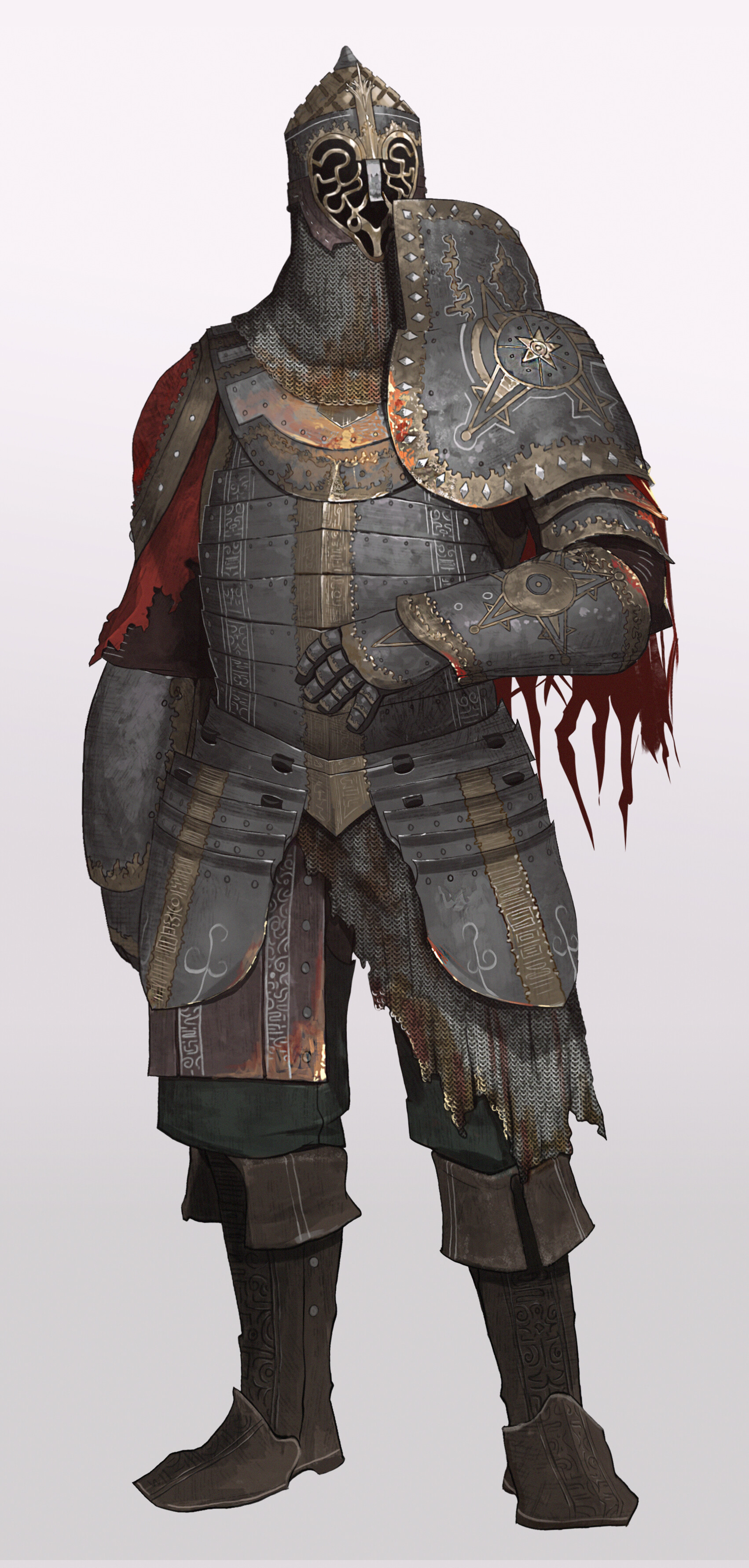 a fullbody illustration of a knight, clad in intricately designed armor with gold accents. the armor appears weathered and worn, with a tattered red cloth draped beneath. the knight holds a shield, suggesting a defensive stance.  the background is a plain, offwhite, placing the focus entirely on the armored figure.