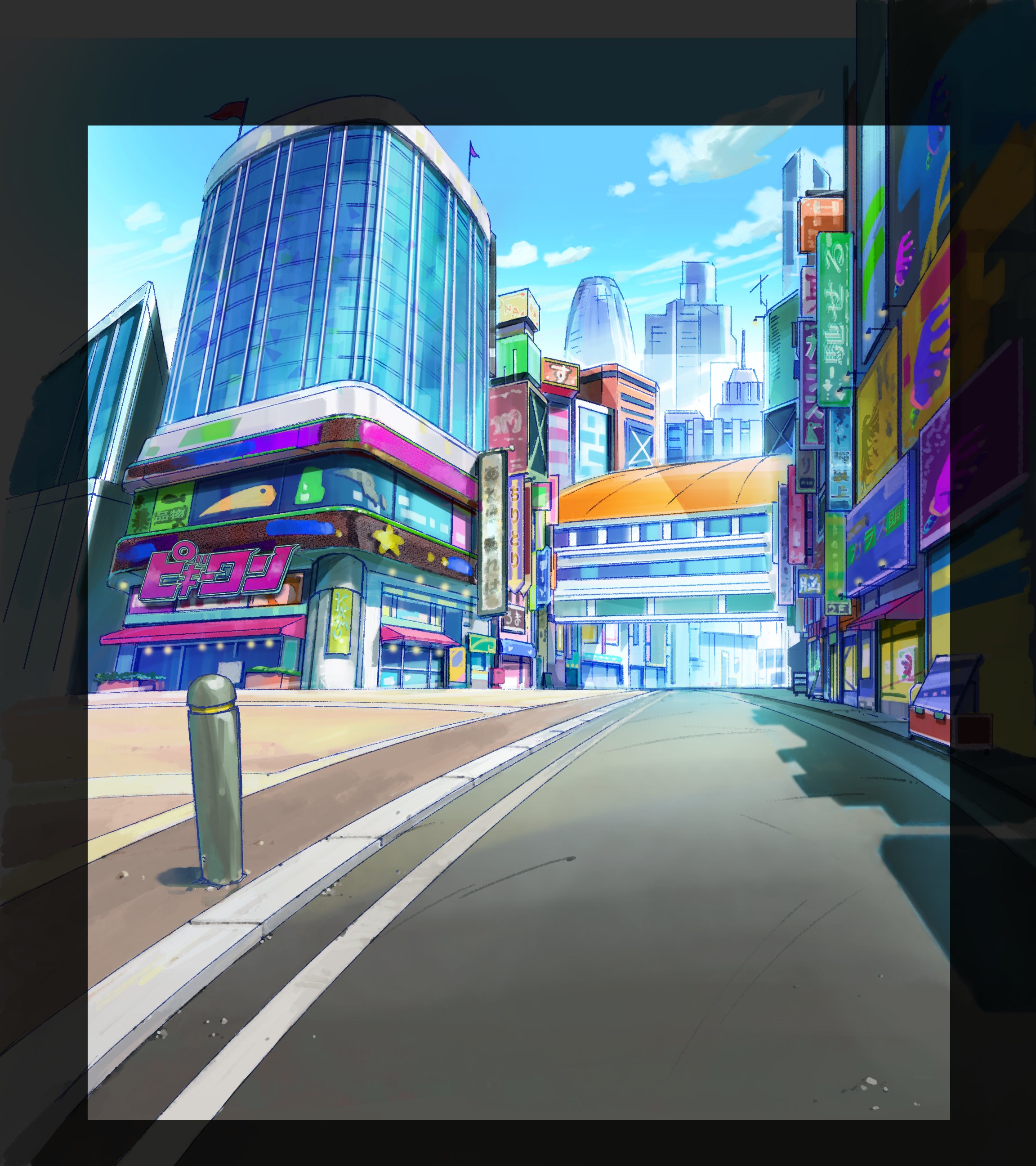 the image shows a vibrant and colorful city street, bathed in sunlight. the perspective is from street level, looking down a wide, empty street towards a distant cityscape. the buildings are rendered in a bright and colorful anime style with a mix of modern and traditional japanese architecture.  there are no people in the scene, creating a sense of peacefulness.