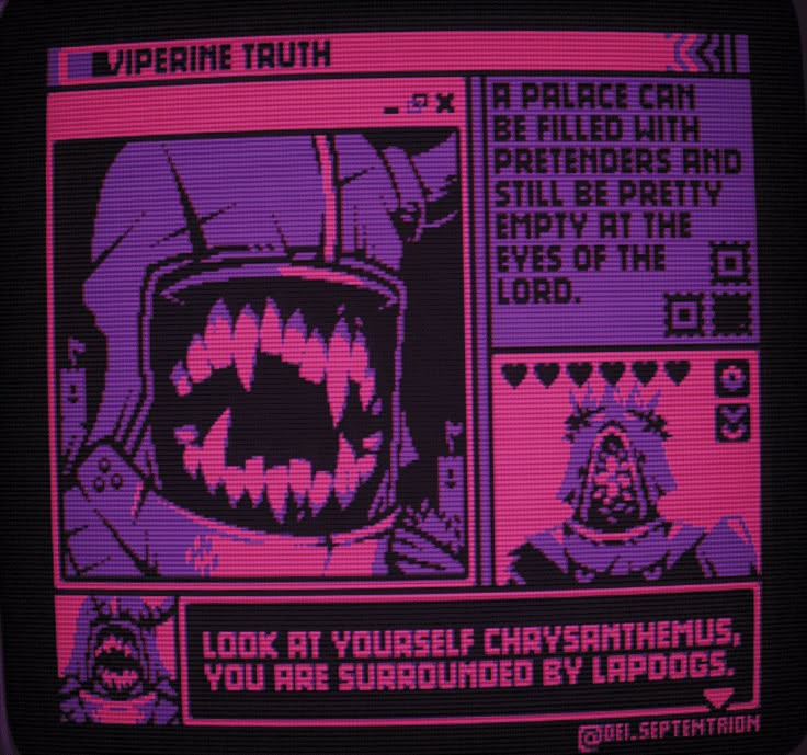 the image is a pixel art video game interface in purple and pink, featuring a large monster with sharp teeth, text boxes with dialogue and world descriptions, a character portrait, and game elements like hearts and interface buttons.