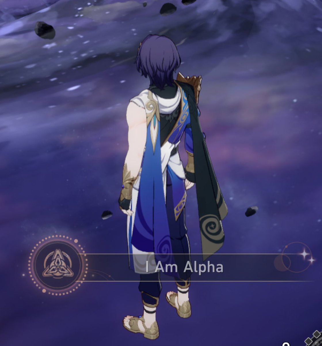 an image of alhaitham from genshin impact. he's wearing his default outfit, standing in a spacelike background. he's facing away from the viewer, with his back to the camera. he has his sword at his side. the text "i am alpha" is displayed below him.