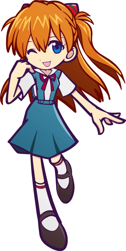 this is a chibistyle illustration of asuka langley soryu from neon genesis evangelion. she's depicted as a cheerful, playful schoolgirl in her signature uniform, winking and with her orange pigtails flowing. the art style is bright and cartoonish, emphasizing her cute features. the background is transparent.