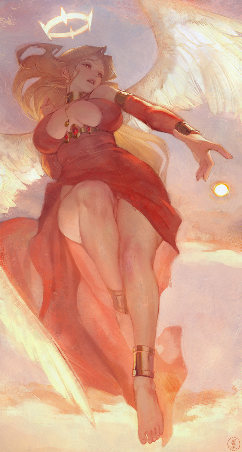 the painting depicts a beautiful, ethereal angel with large white wings. she has long, flowing golden hair and wears a flowing red dress that reveals her cleavage. a golden crown adorns her head and she wears elaborate jewelry.  she is depicted in a low angle view, soaring through a soft, pastelcolored sky filled with fluffy clouds. she extends her hand towards a glowing orb, possibly the sun. the overall atmosphere of the painting is divine and graceful.