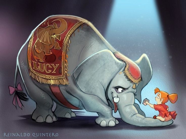 a cartoon illustration of an elephant named lucy with a red saddle that has another elephant depicted on it along with her name. a girl in a red dress is offering lucy a playing card. a spotlight shines on the scene.